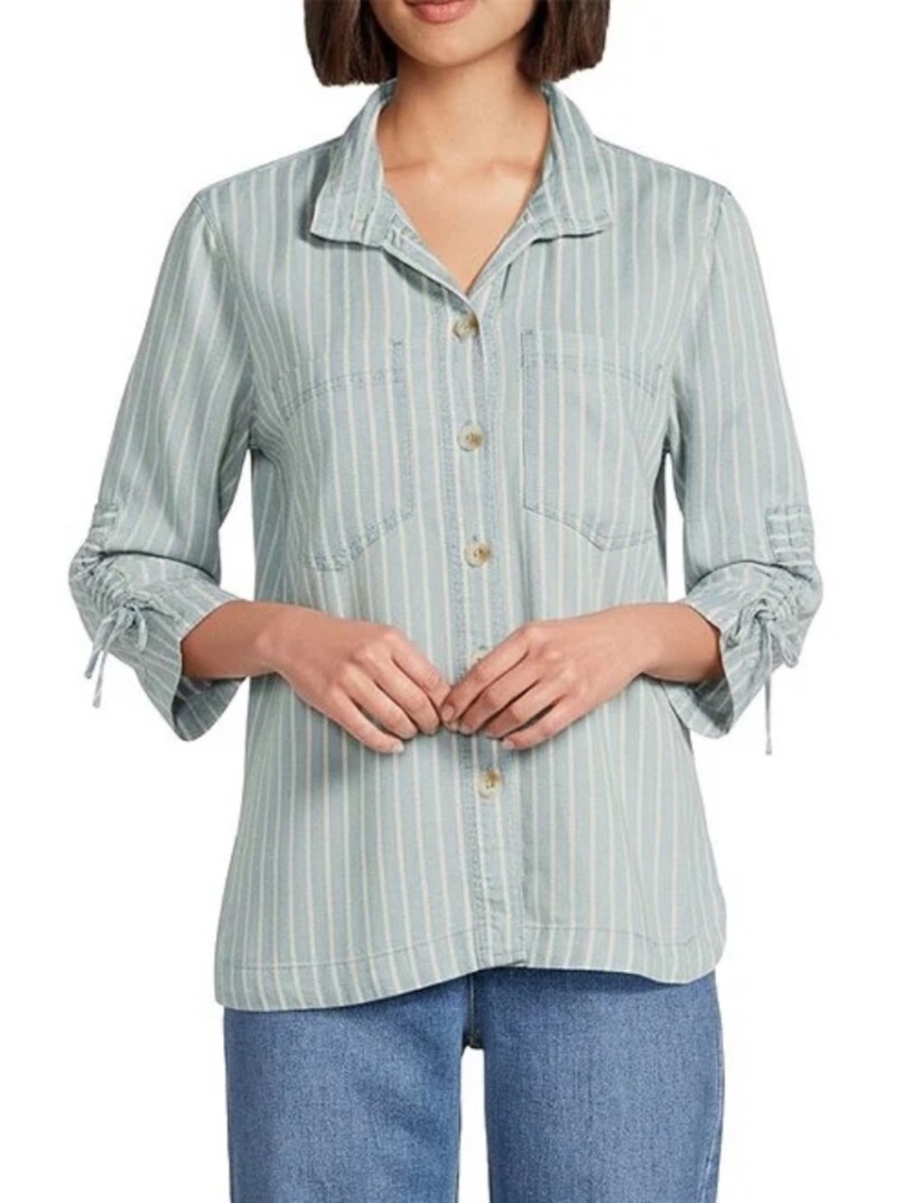 John Mark Blue Stripe Wire Collar 3/4 Tie Sleeve Button Front Blouse NWT Sz 2XL